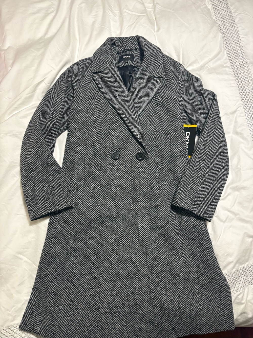 DKNY Women's Black & Gray Herringbone Double-Breasted Pea Coat